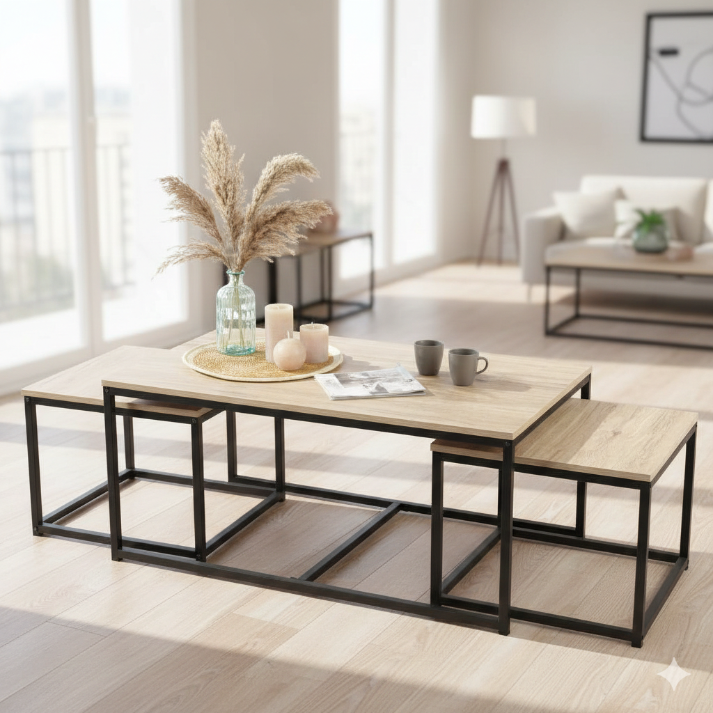 Coffee Table Loft X3 Wood And Metal 1-100x60xh45cm + 2-50x50xh38cm