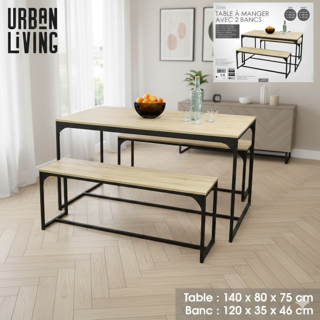 Dining Table Loft With 2 Benches Table :140x80xh75cm / Banc :120x35xh46cm