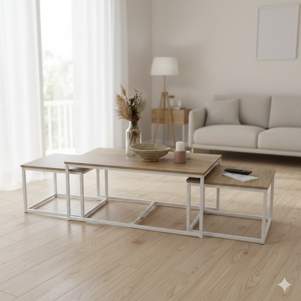 Coffee Table La Casa Whitea X3 Wood And Metal 1-100x60xh45cm + 2-50x50xh38cm