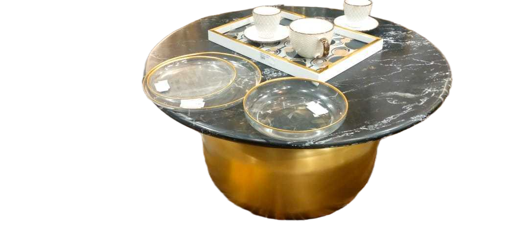 Coffee Table Round With 20 Mm Black Fantasy Marble Top And Iron Metal Base