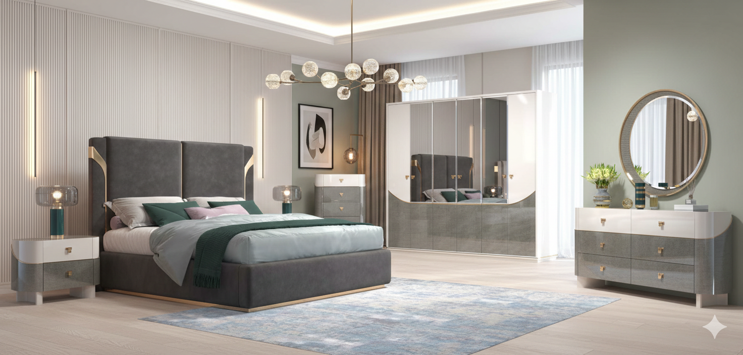 Bed 1800*2000+2ns+dresser+mirror+pouf