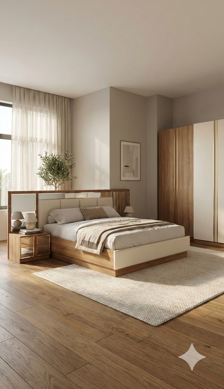 Bed 1800*2000+2ns+dresser+mirror+pouf Light Grey & Light Walnut