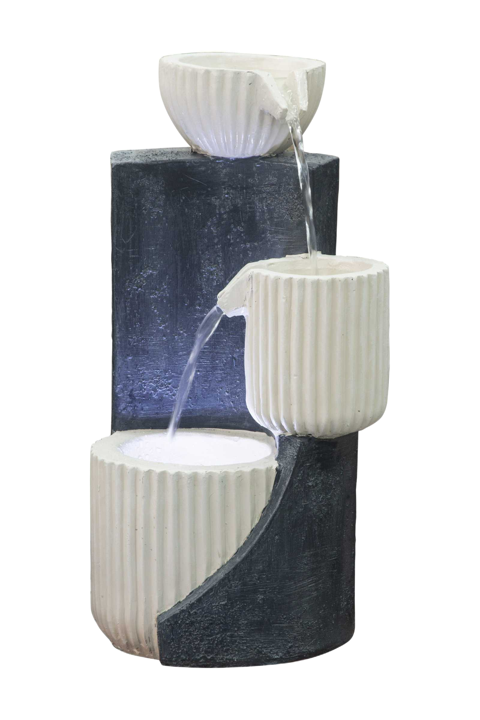 Fountain Polyresin With Led Lights, 2kgs - Grey Structure With 3 White Ribbed Bowls Pump: 2w, Flow Rate 150l/H