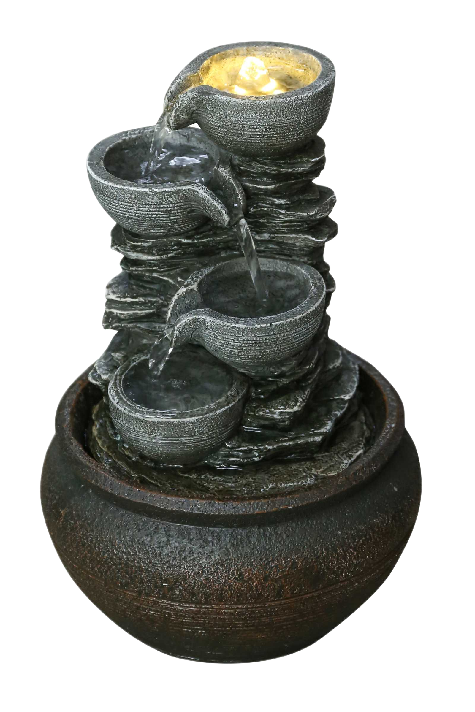Fountain Polyresin With Led Lights, 1.2kgs - 4 Bowls On Piled Rocks With Round Rock Base Pump: 2w, Flow Rate 150l/H
