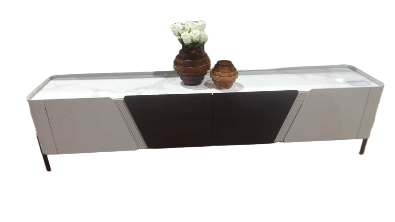 Tv Stand Walnut+white 6mm Ceramic Top,mdf Steel 2000*400*450