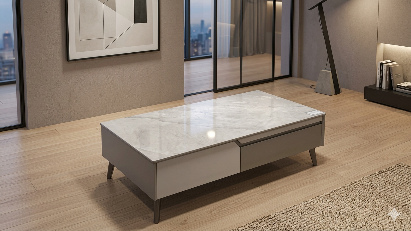 Coffee Table Grey+beige 6mm Gray Shiny Ceramic Top ,mdf Gray Paint , Black Metal Leg 1300*700*415