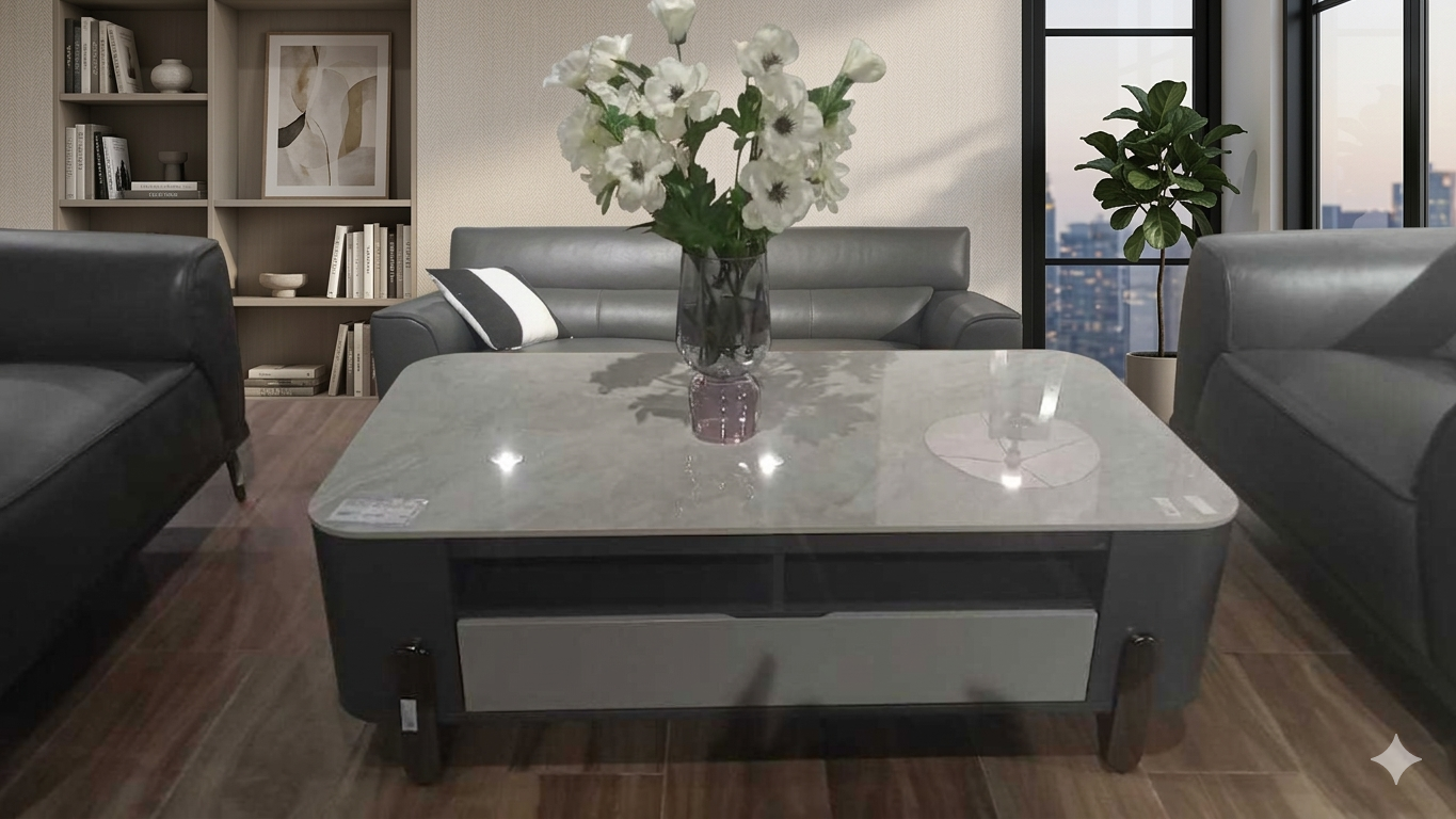 Coffee Table Grey 6mm White Shiny Ceramic Top ,mdf Gray Paint , Black Metal Leg 1300*700*415