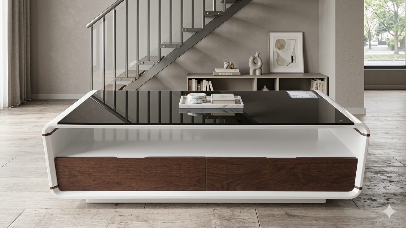 Coffee Table Walnut + Grey Mdf+glass 1200x600x390mm