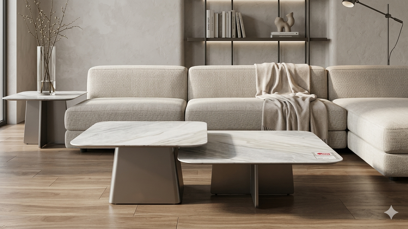 Coffe Talbe Set Of 2 Coffee Table, Base Beige+top Marble Italy Light Gray Ceramic1.1cm 90x90xh36cm 70x70xh45cm Light Grey