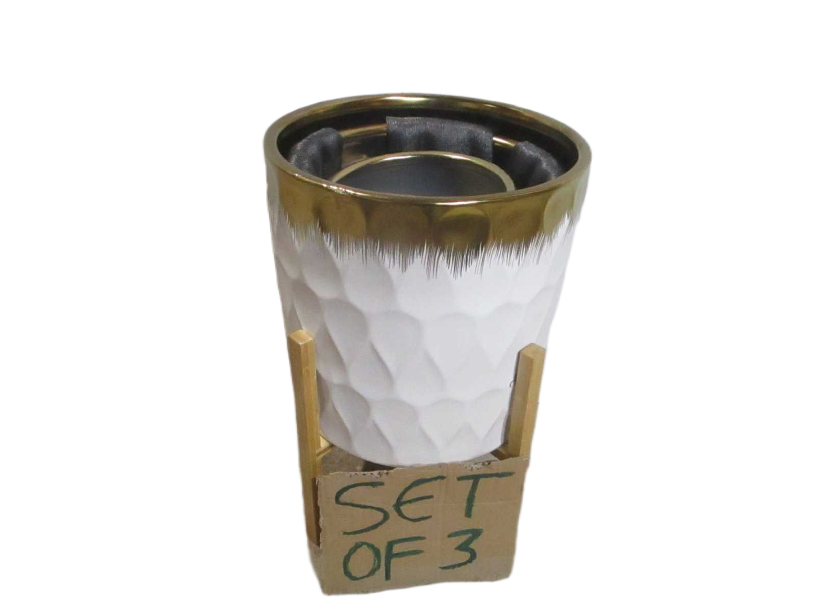Set Of 3 Ceramic Pot + 3 Support Kd White Gold Matte 30x30x30 25x25x25 19,5x19,5x19,5