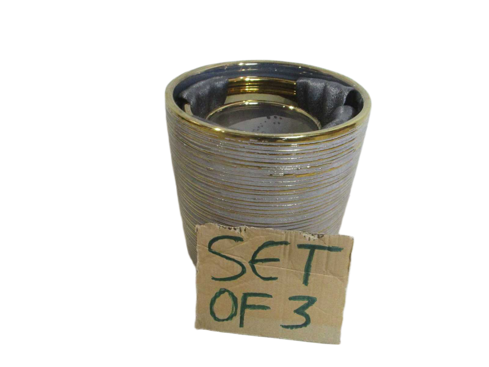Set Of 3 Pot Ceramic Grey Gold 30x30x30 25x25x25 19,5x19,5x19,5