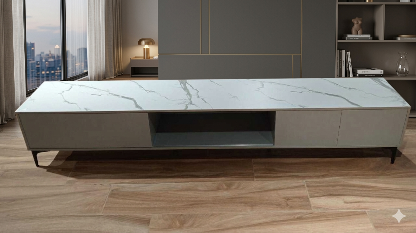 Tv Stand Melamine Laminated White Marble+sliver Grey 2400*400*450mm