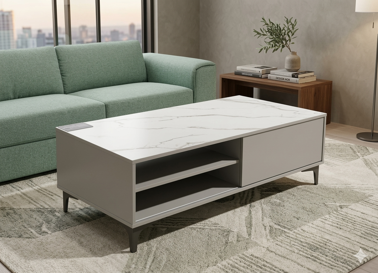 Coffee Table Melamine Laminated White Marble+sliver Grey 1200*600*420mm