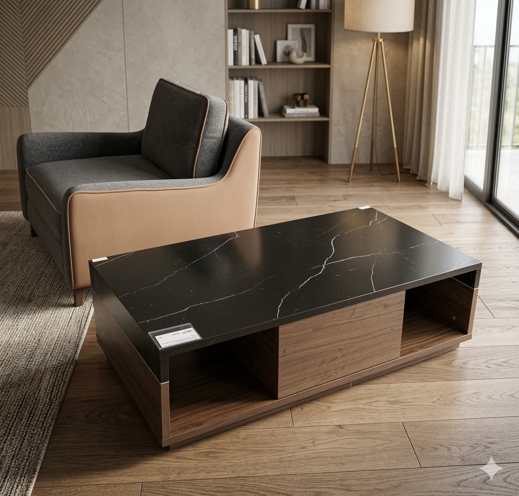 Coffee Table Melamine Laminated Black Cherry+ Black Marble 1200*600*400mm