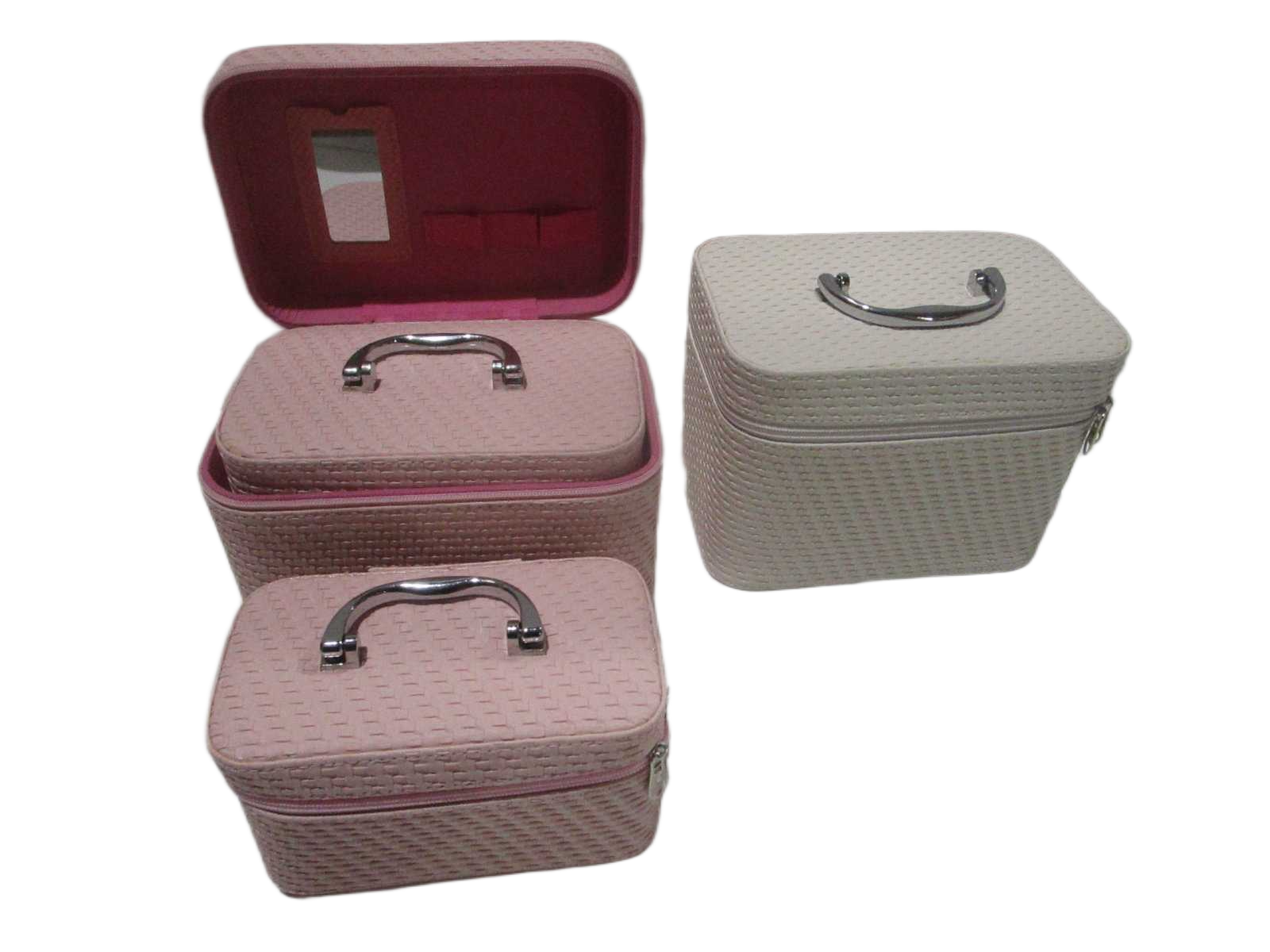 Cosmetic Box Set Of 3 Eco Pu With Mirror Opp Bag Pink With Pink Zipper White With White Zipper Ass L:23x15x16.5 M:21x13x13.5 S:19x10x10.5