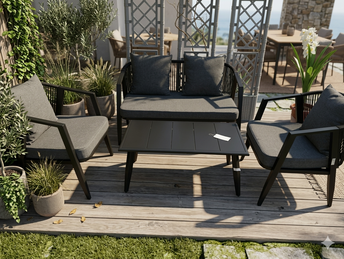 Sofa Garden Set 2+1+1+ Kd Steel Coffee Table + Kd Chairs Pe Rattan Grey (Bx1017c) Fabric Cushion 8 Cm + 4 Back Cushions + Black Steel