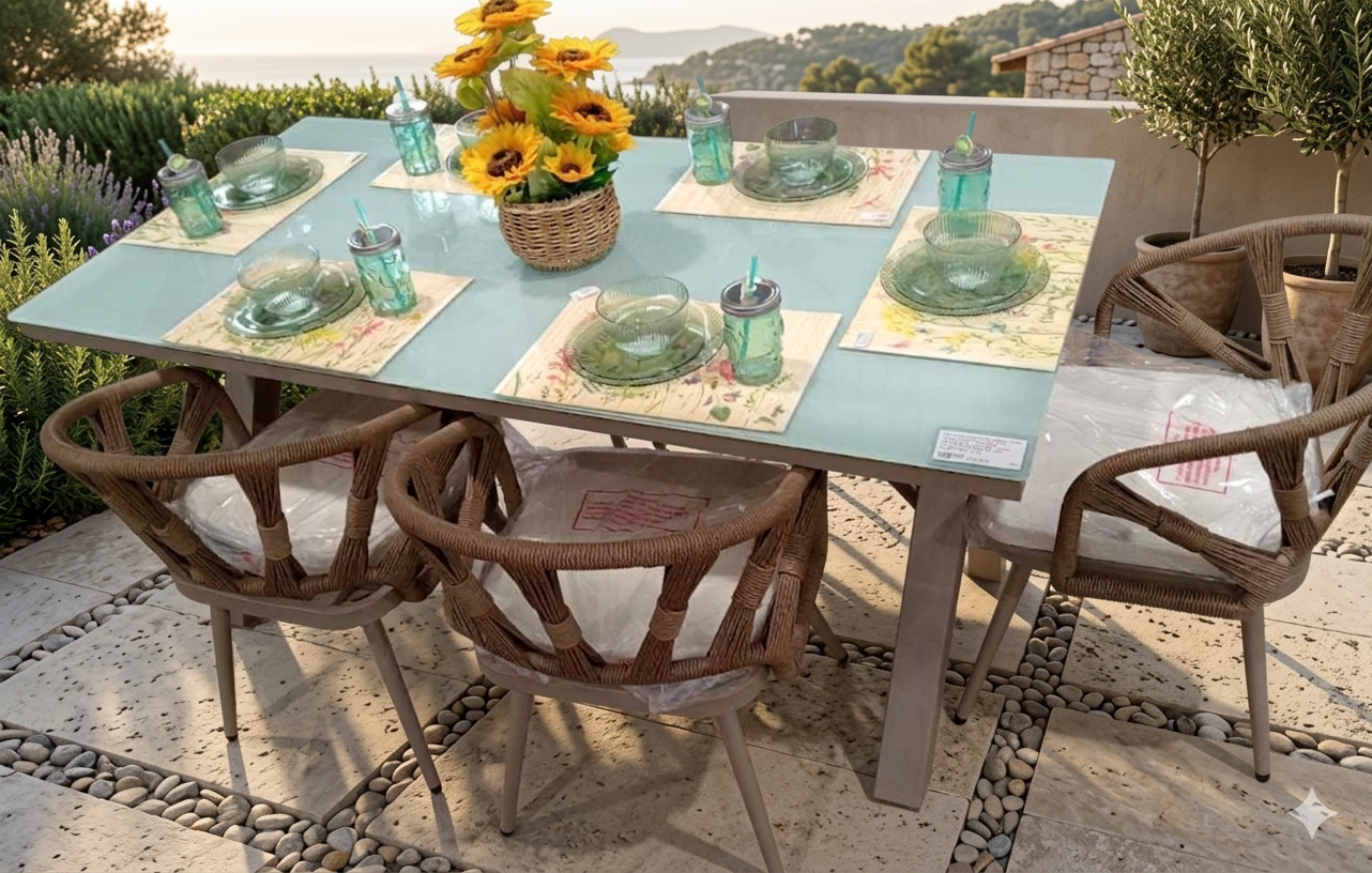 Garden Rectangular Dinning Table + 6 Kd Chairs Pe Rattan Steel Taupe Frame + Tempered Chocolate Glass 8 Mm + White Cushions 5 Cm