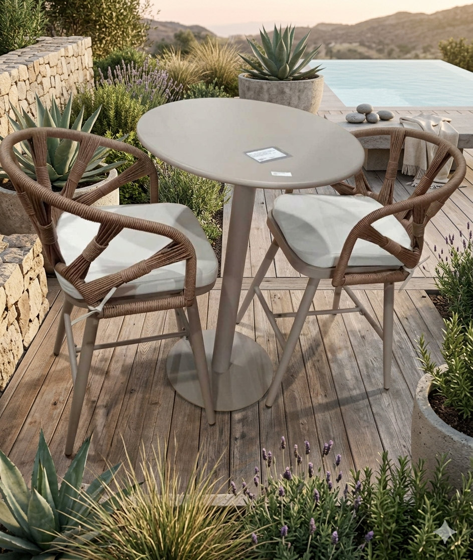 Bar Table + 2 Bar Stool Taupe Rope Steel Frame 5 Cm White Fabric Cushions