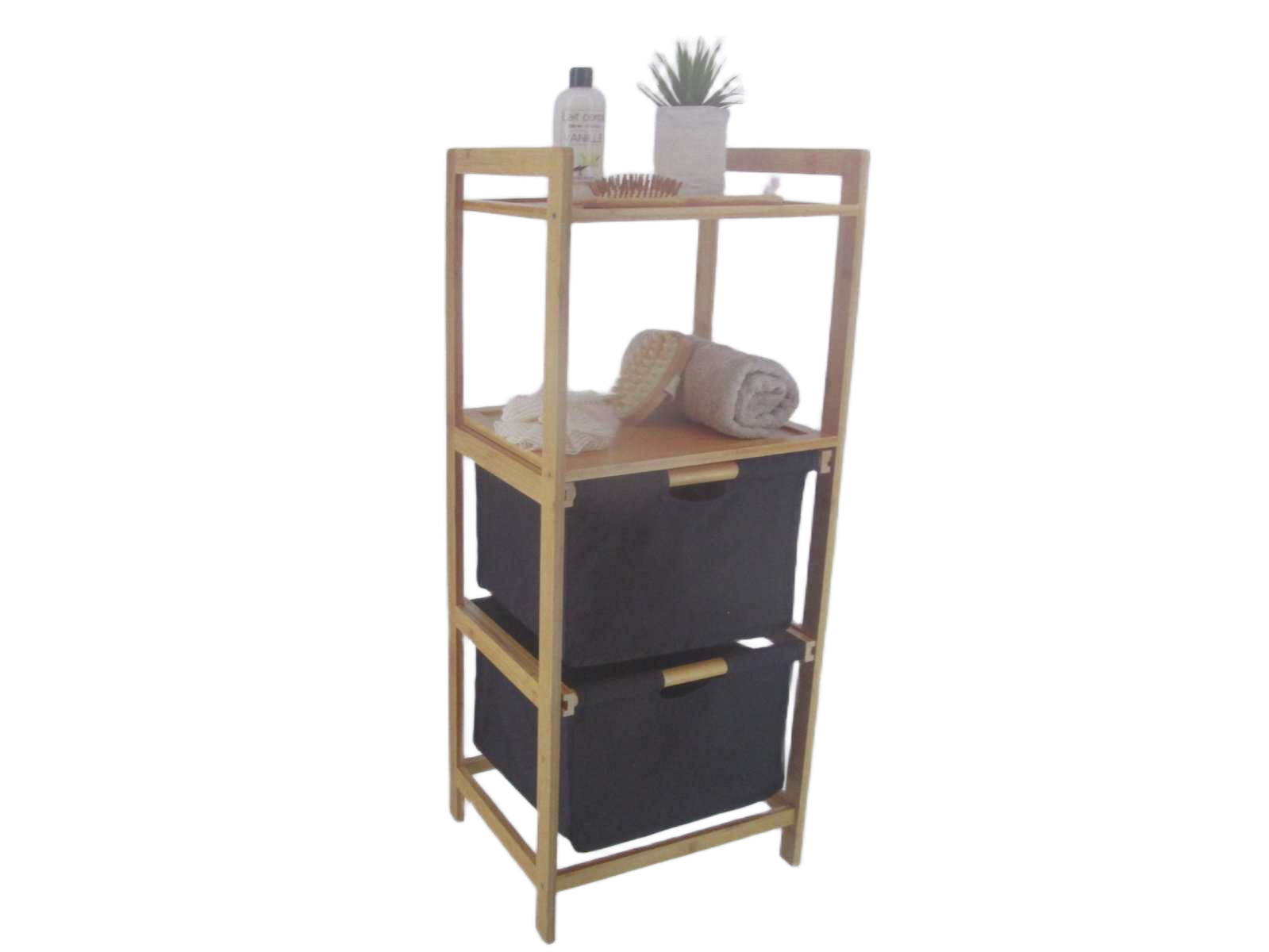 Meuble Bambou 2 Panieres Polyester + Racks - Black/Bambou