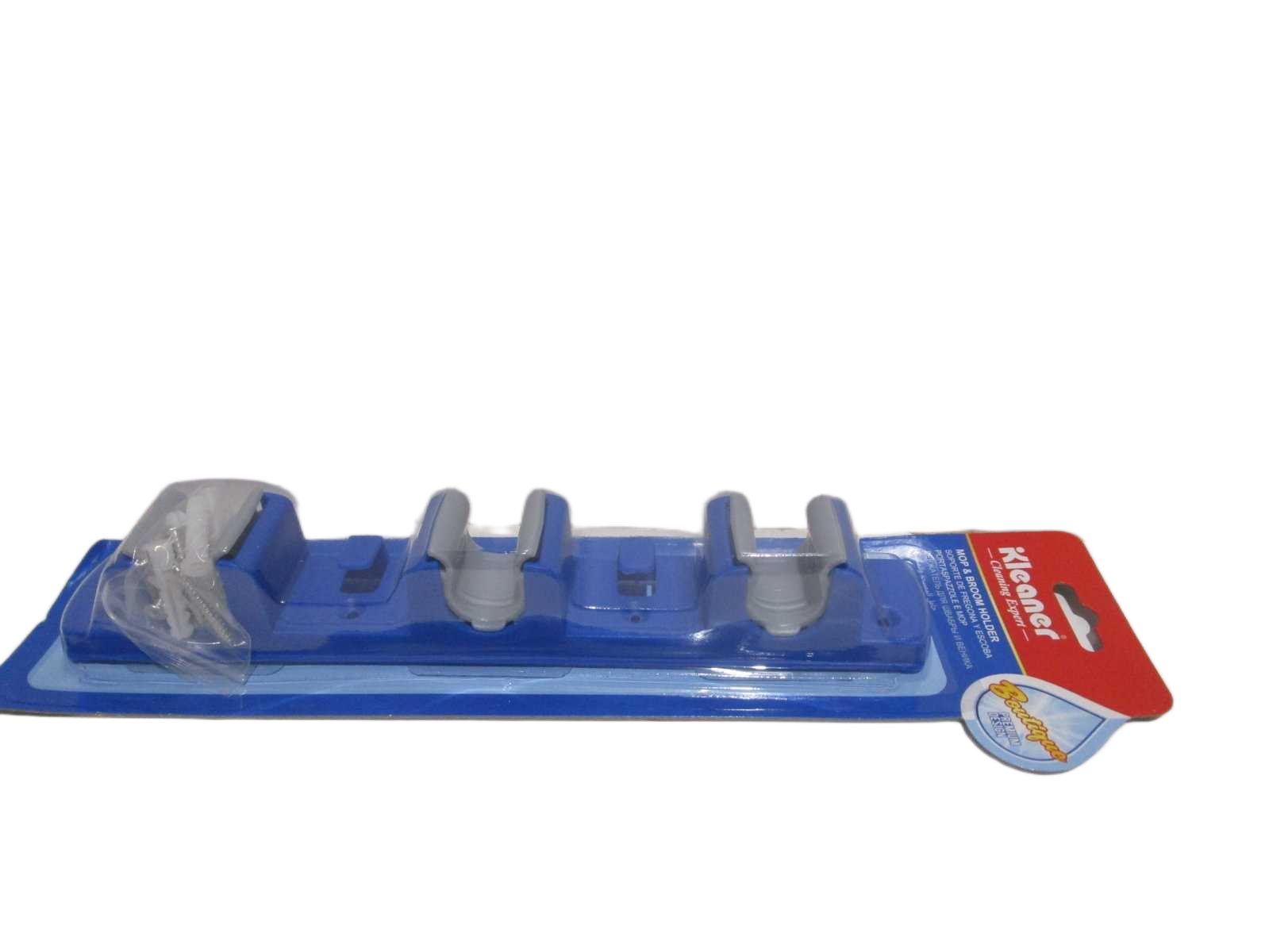 Mop & Broom Holder Each Size:26.8*4.1*3.9cm Plastic Holder 3 Position. Wall Hooks Strong Glue.blister Box Packing Per Set. Weight Capacity:approx 3kg Blister Box+paper Card Blue 1cl=