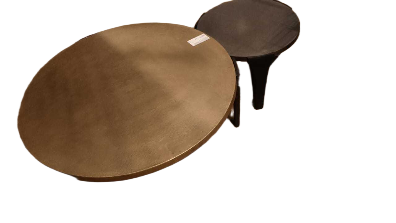 Coffee Table Set Of 2 Big Table Top Antique Brass - Small Table Zinc Top - Black Legs