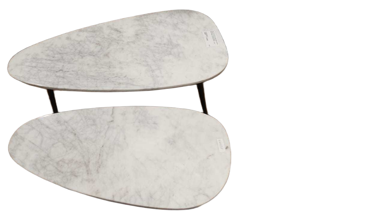 Set Of 2 Coffee Table Real White Marble Top Black Legs