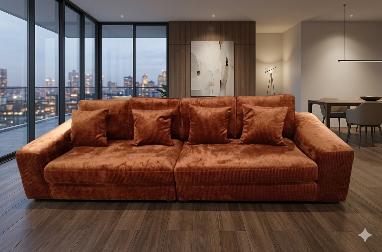 Sofa 4 Seater Terracota With 4 Pillows, 4 Backrest Cuchions And 2 Cushions Seats
