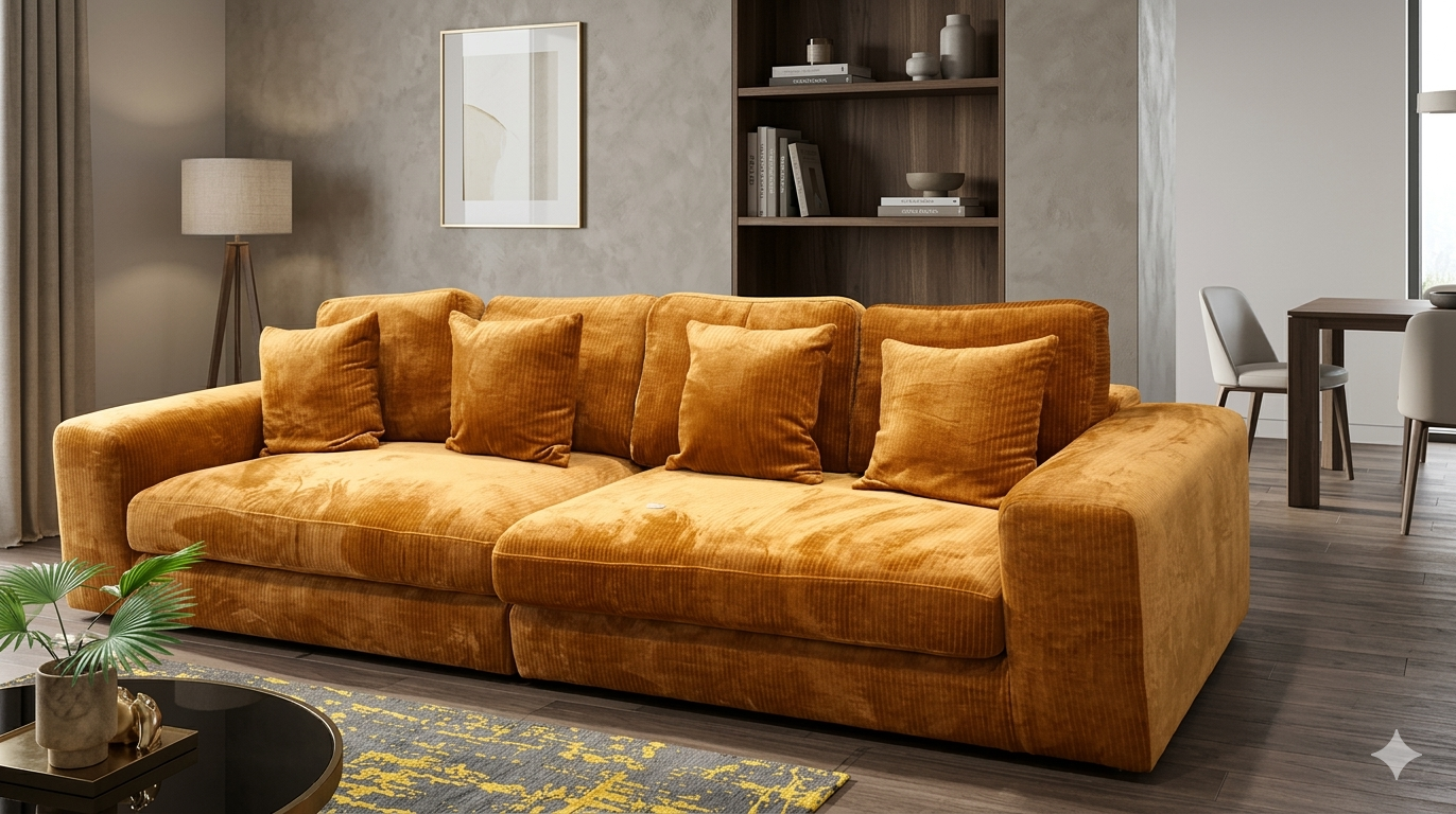 Sofa 4 Seater Ocre With 4 Pillows, 4 Backrest Cuchions And 2 Cushions Seats