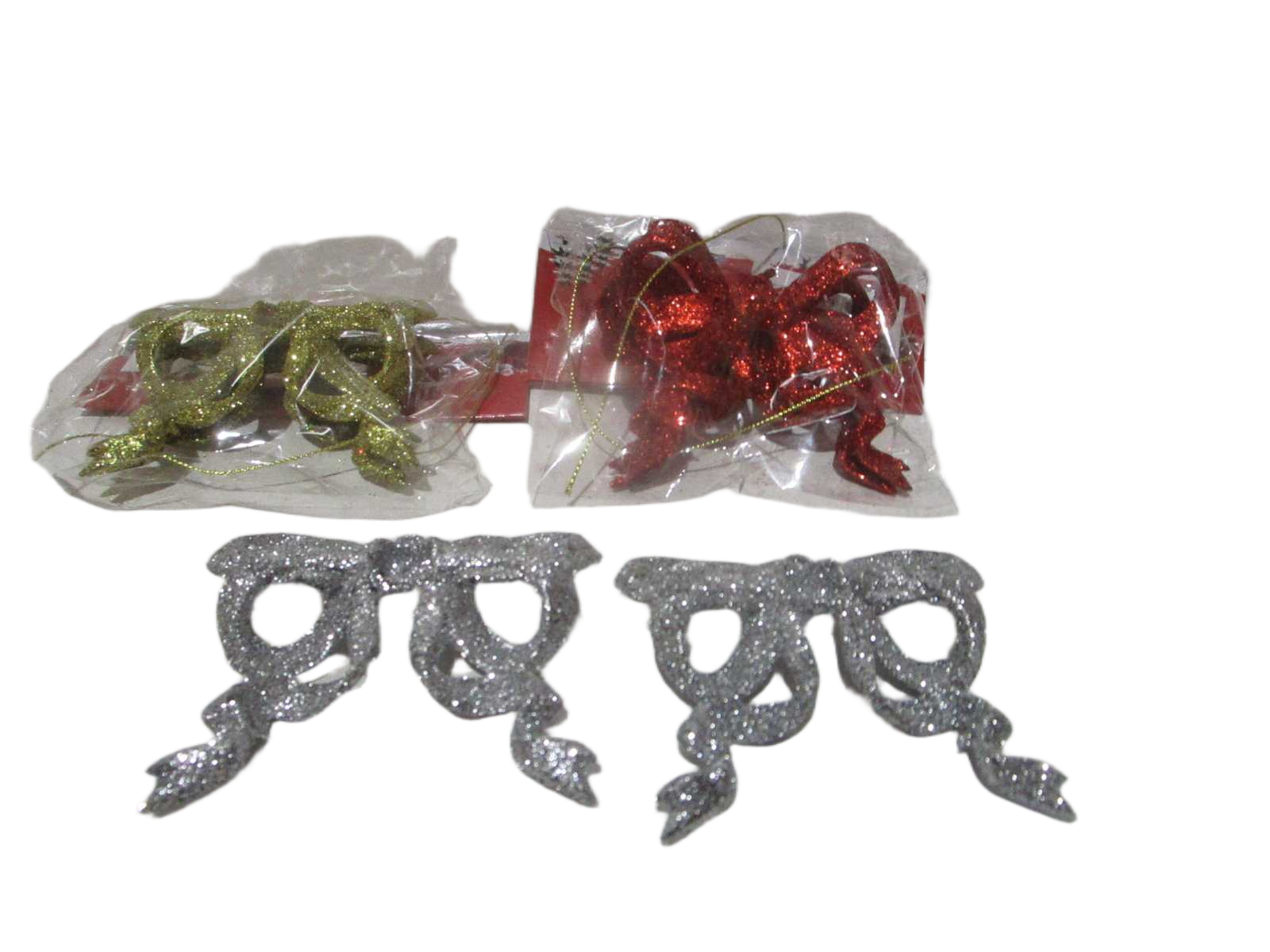 Xmas Deco-Bowknot Set Of 2pcs Opp Bag With Card Gold Red Silver 9x8cm