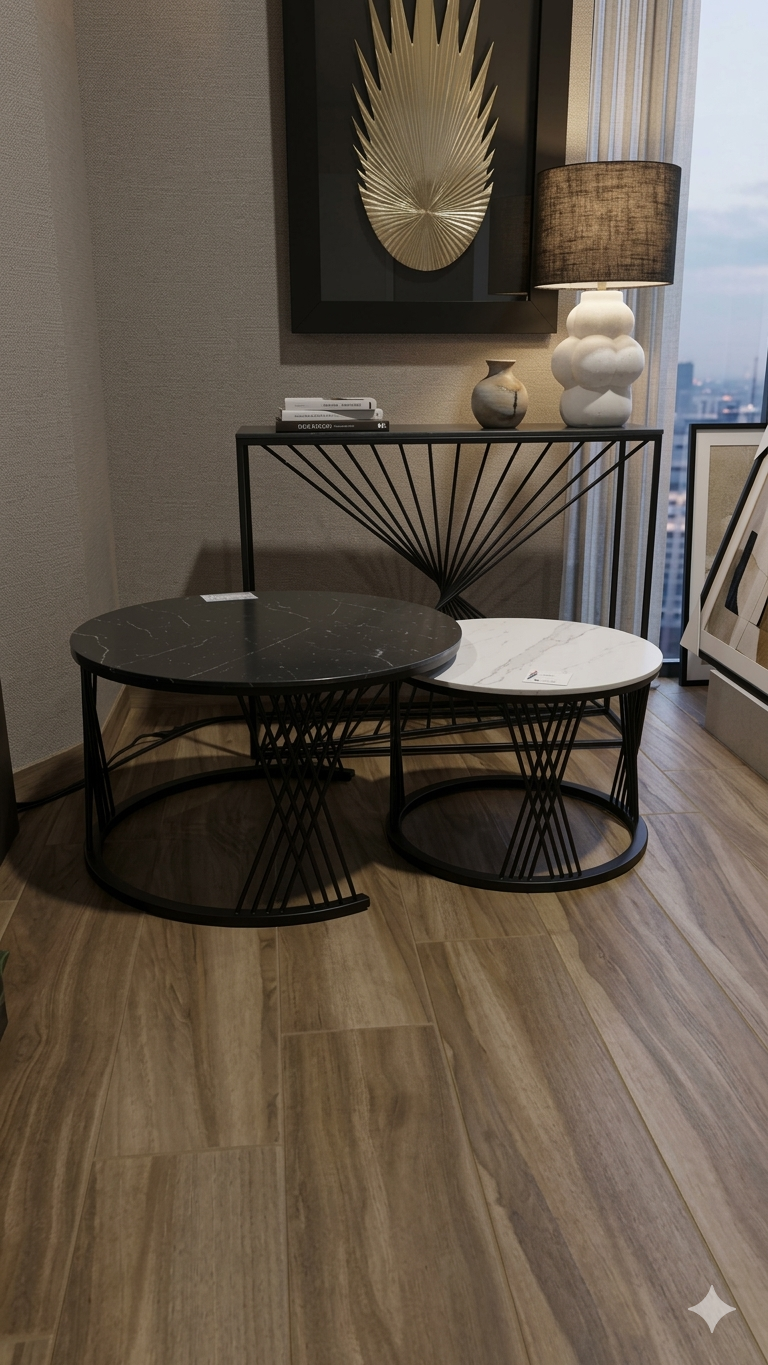 Coffee Table Set Of 2 12mm Ceramic+iron Frame With Black Painting