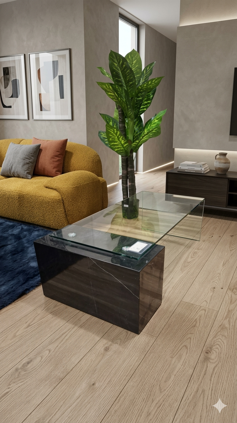 Coffee Table 12mm Tempered Clear Glass+marble Leg