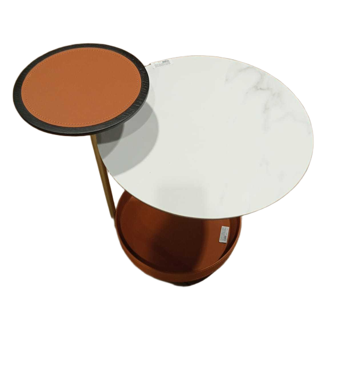 End Table 3 Layer White Beige Ceramic Top Barenia Leather Base Tray And Upper Layer - Stainless Steel Leg As Sample