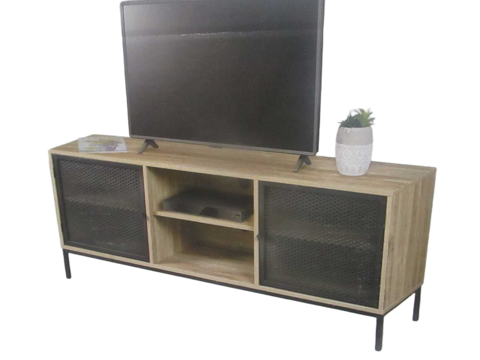 Tv Cabinet Soho Wooden With Black Metal Mesh 150x40xh60cm