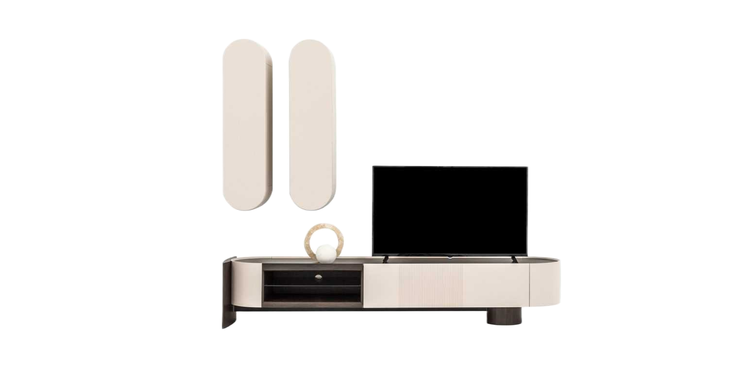 Tv Unit Fin Top Mdf Painted Beige / Walnut Btm: 370x45x50cm Top: 32x120x30cm