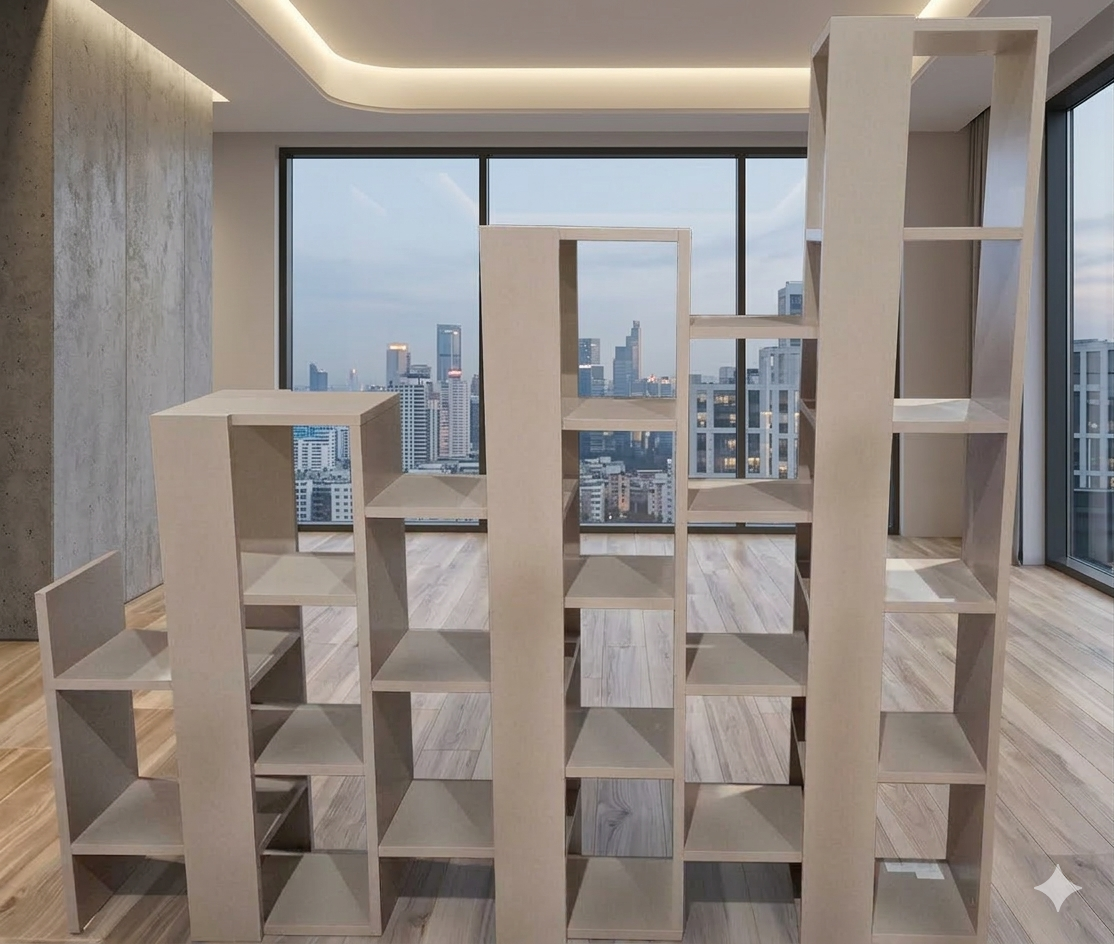 Bookcase, Two-Tone Anissa 17224 Melamine Modern , Asymmetrical, Composed Of 6 Columns. Color: Moca 158x29x151cm