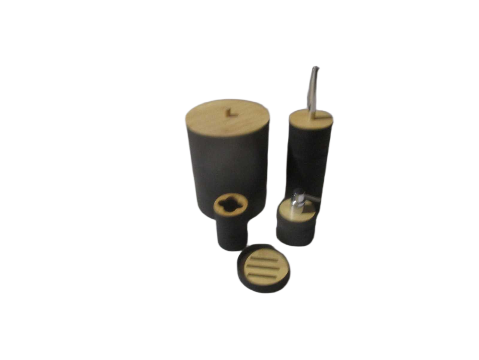 Set Of 5 Bathroom Set-Abs+bamboo Black Bin:19x19.h25.5 Toilet Brush:9.5x9.5xh36 Dispenser:9x9xh12.5 Tooth Brush Holder:7x7xh11 Soap Holder:11xh3 Black Box No