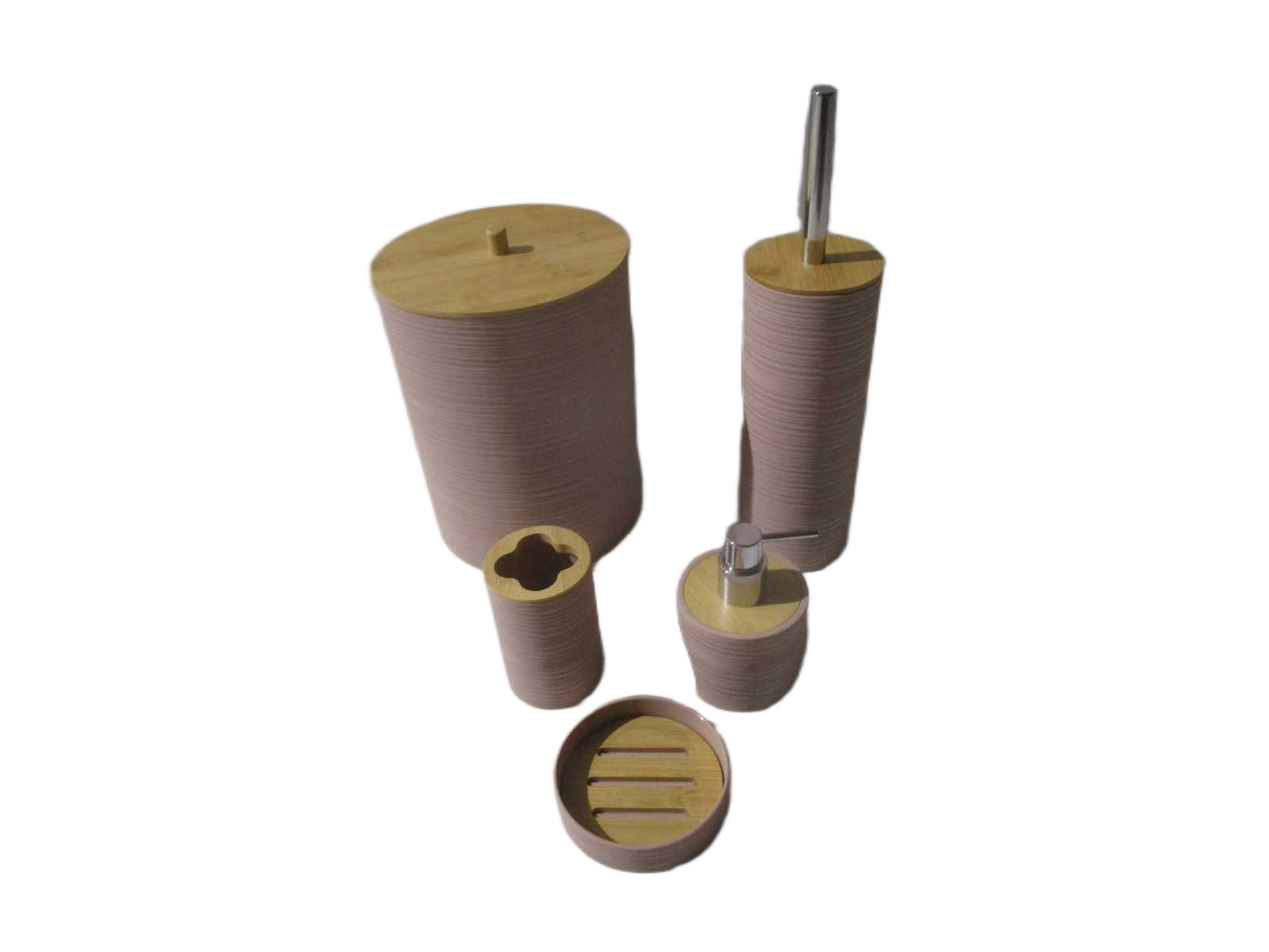 Set Of 5 Bathroom Set-Abs+bamboo Rose Bin:19x19.h25.5 Toilet Brush:9.5x9.5xh36 Dispenser:9x9xh12.5 Tooth Brush Holder:7x7xh11 Soap Holder:11xh3 Black Box No 00354