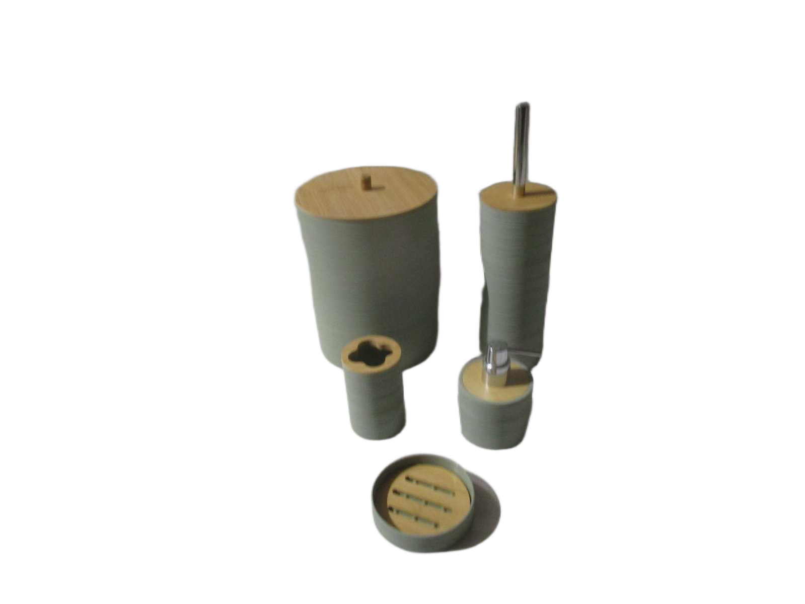 Set Of 5 Bathroom Set-Abs+bamboo Light Green Bin:19x19.h25.5 Toilet Brush:9.5x9.5xh36 Dispenser:9x9xh12.5 Tooth Brush Holder:7x7xh11 Soap Holder:11xh3 Black Box No 00352
