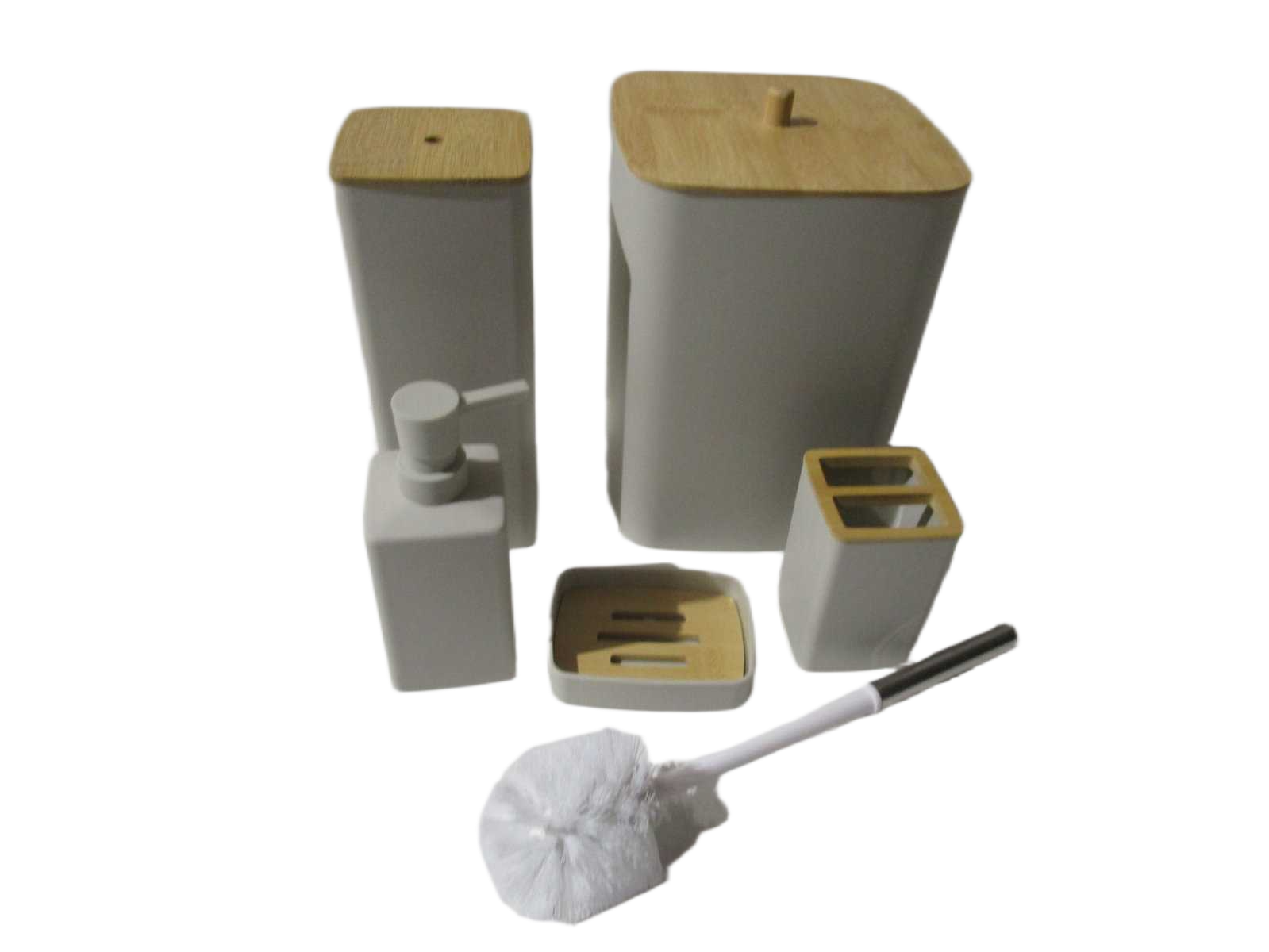 Set Of 5 Bathroom Set-Abs+bamboo Beige Bin:18.5x18.5xh26 Toilet Brush:9.5x9.5xh36 Dispenser:8.5x8.5xh17 Tooth Brush Holder:7x7xh11 Soap Holder:11.5x8.5x2.5 Black Box 00153