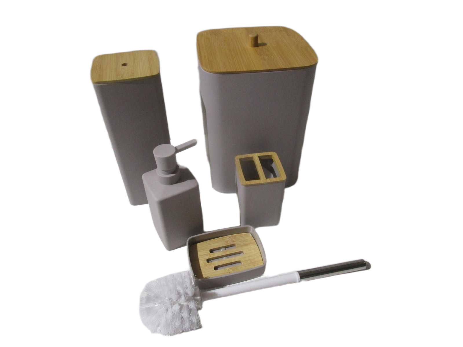 Set Of 5 Bathroom Set-Abs+bamboo Light Taupe Bin:18.5x18.5xh26 Toilet Brush:9.5x9.5xh36 Dispenser:8.5x8.5xh17 Tooth Brush Holder:7x7xh11 Soap Holder:11.5x8.5x2.5 Black Box 00226