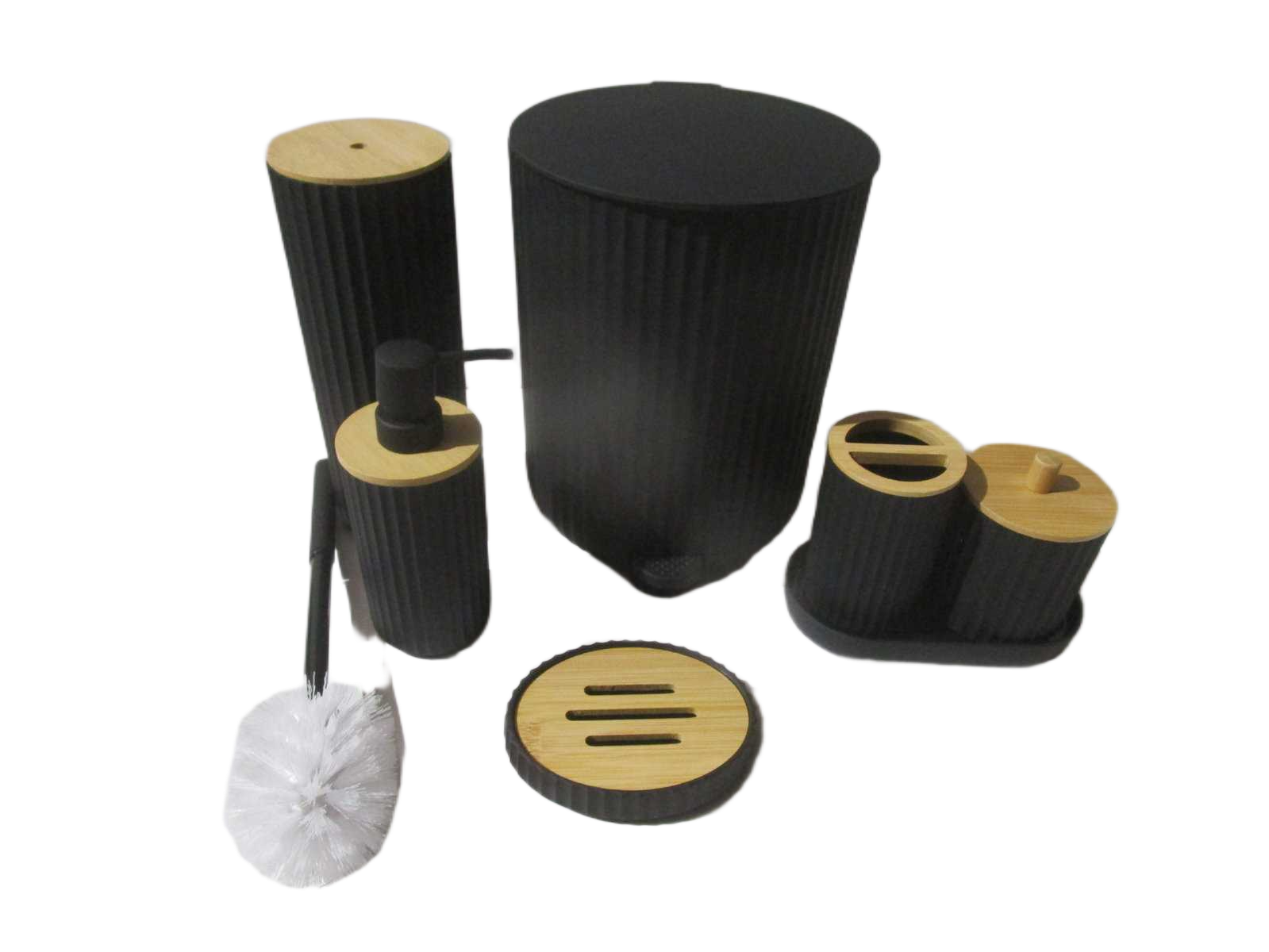 Set Of 7 Bathroom Set-Abs+bamboo Black Bin:21x21xh26 Toilet Brush:9.5x9.5xh36 Dispenser:9x9xh19 Tooth Brush Holder:7.5x7.5xh11.5msoap Holder:13x10x2.5 Plate:18.5x9.5x2.5 Cotton Buds Box:9x9xh9.5 Black Box