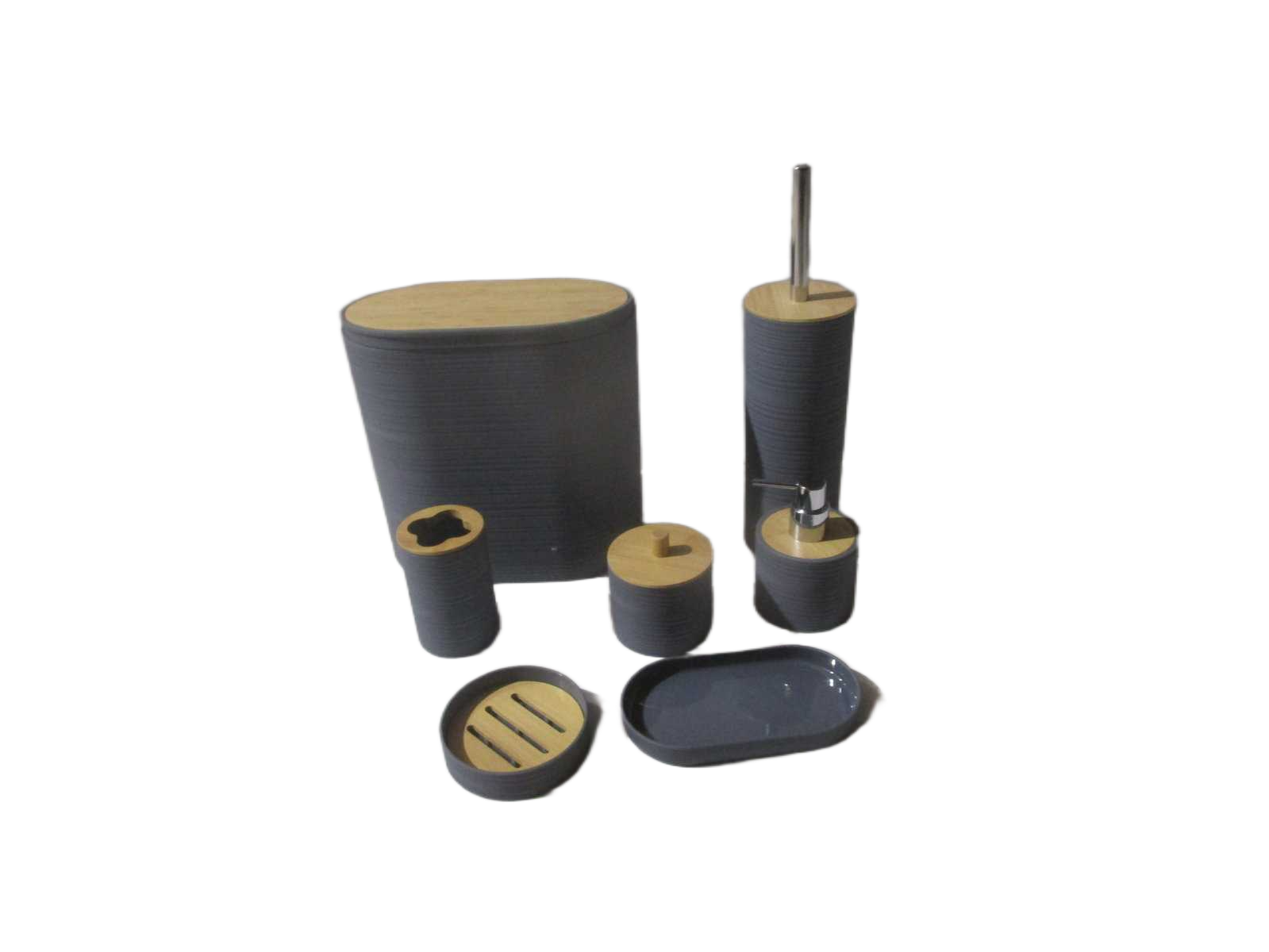Set Of 7 Bathroom Set-Abs+bamboo Gray Bin:26x16,5xh24.5 Toilet Brush:9.5x9.5xh36 Dispenser:9x9xh12.5 Tooth Brush Holder:7x7xh11 Soap Holder:11x11x3 Plate:18.5x9.5x2.5 Cotton Buds Box:9x9xh9.5 Black Box 00146