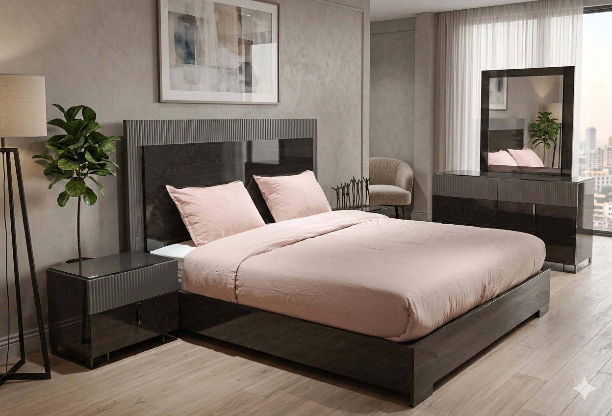 Bed 1830x2030 + 2 Night Stand + Dresser 6 Drawers + Mirror Grey Walnut+graphite (1238-1 Hg)+(T1490071ma) 1830x2030x1380h 600x450x525h 1570x480x820h 1000x30x1100h