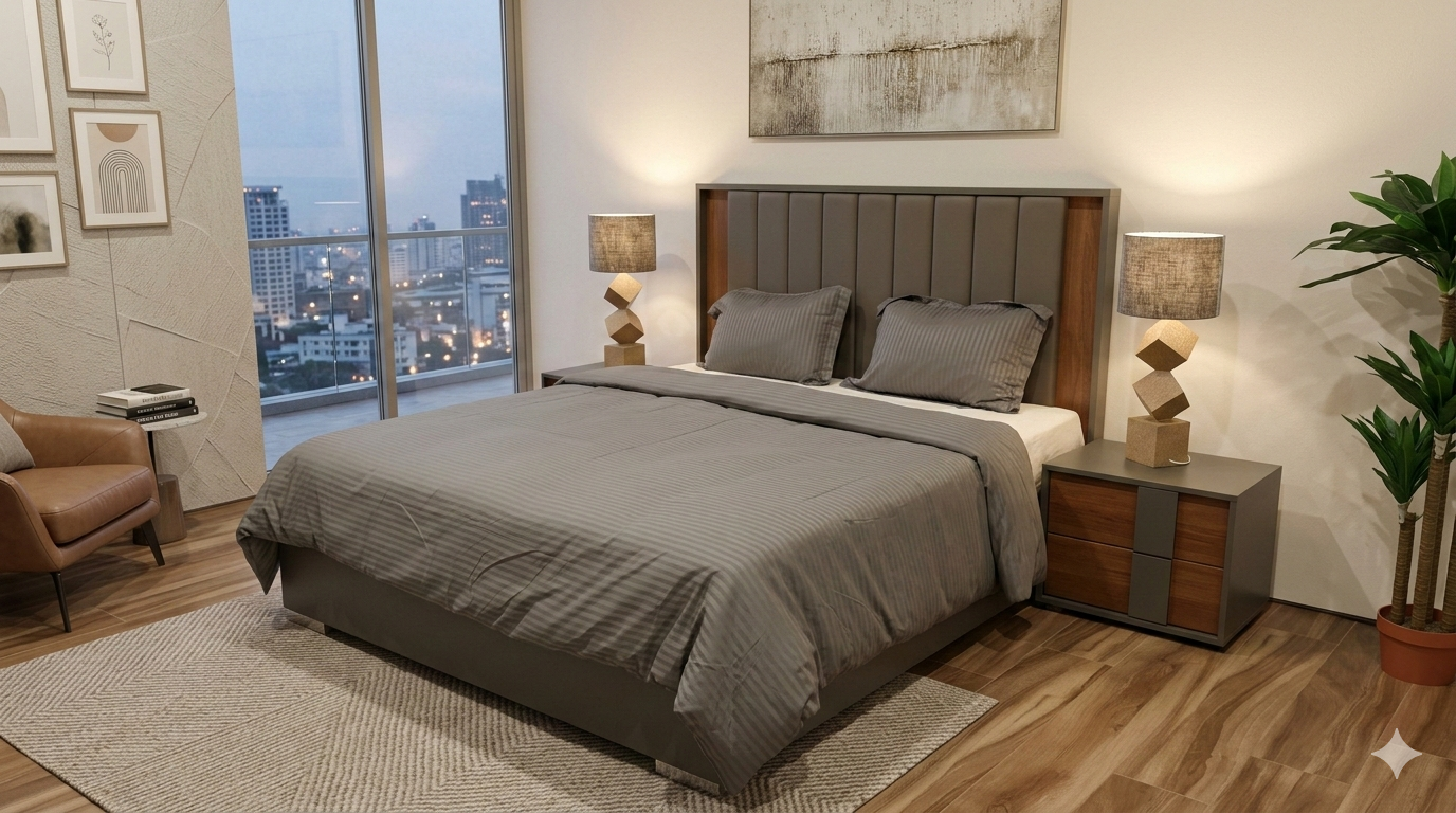 Bed 1830x2030 + 2 Night Stand + Dresser 6 Drawers + Mirror Graphte+classic Walnut T1490071ma+b1026-6 Ma 1830x2030x1380h 605x430x505h 1570x480x800h 920x30x1050h