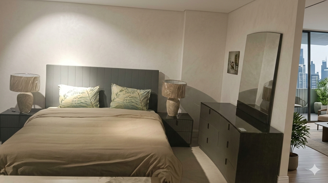 Bed 1830x2030 + 2 Night Stand + Dresser 6 Drawers + Mirror Grey Walnut+graphite (1238-1 Hg)+(T1490071ma) 1830x2030x1280h 600x430x510h 1565x530x815h 900x30x1200
