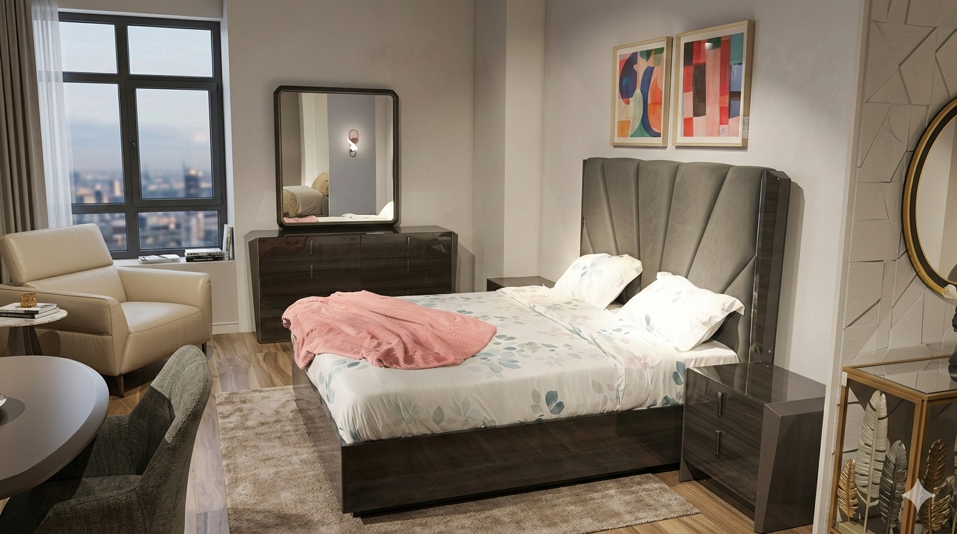 Bed 1830x2030 + 2 Night Stand + Dresser 6 Drawers + Mirror Black Oak+brown Metal Lacquer B8269hg+tdp5880ma 1830x2030x1500h 640x470x565h 1660x470x850h 1000x45x1100h